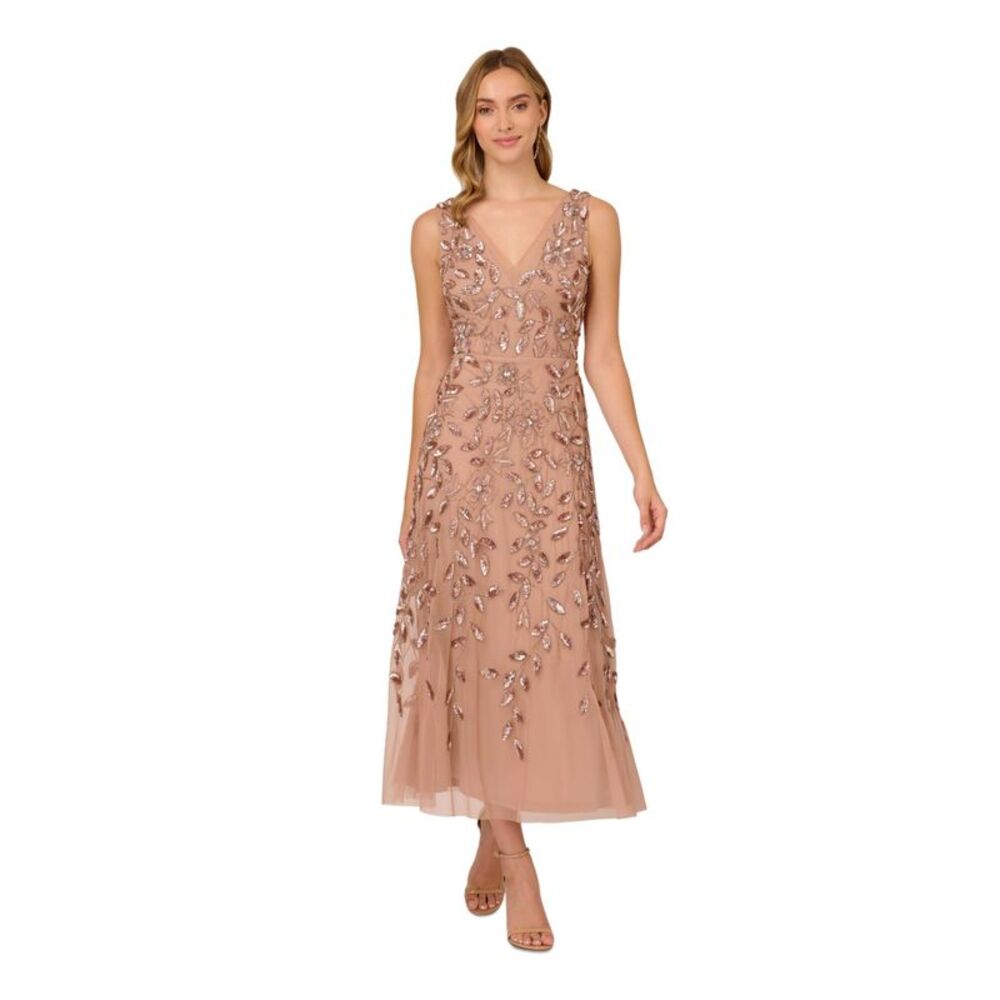 ADRIANNA PAPELL Womens Pink Lined Sleeveless Midi Formal Dress Petites 10P
